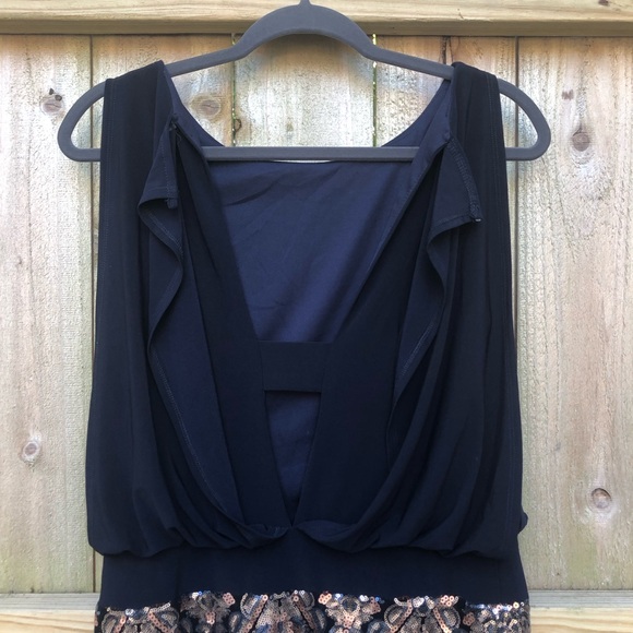 Betsy & Adam Blouson Mini Dress Size 8 Sequin Skirt Black Copper Sleeveless - Picture 6 of 12
